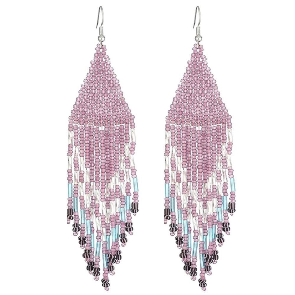 Mauve Bohemian Seed Bead Tassel Dangling Statement French Wire Hook Earrings